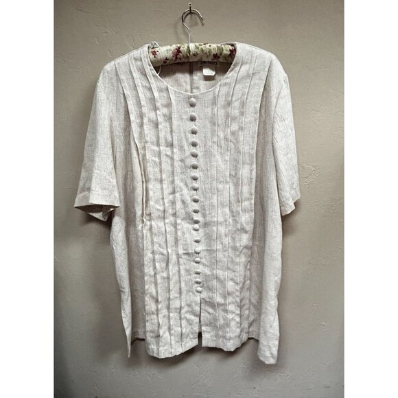 J. W. Treci Women's Button Front Tunic Pleated Top Blouse Short Sleeve 18W Beige - Picture 1 of 8